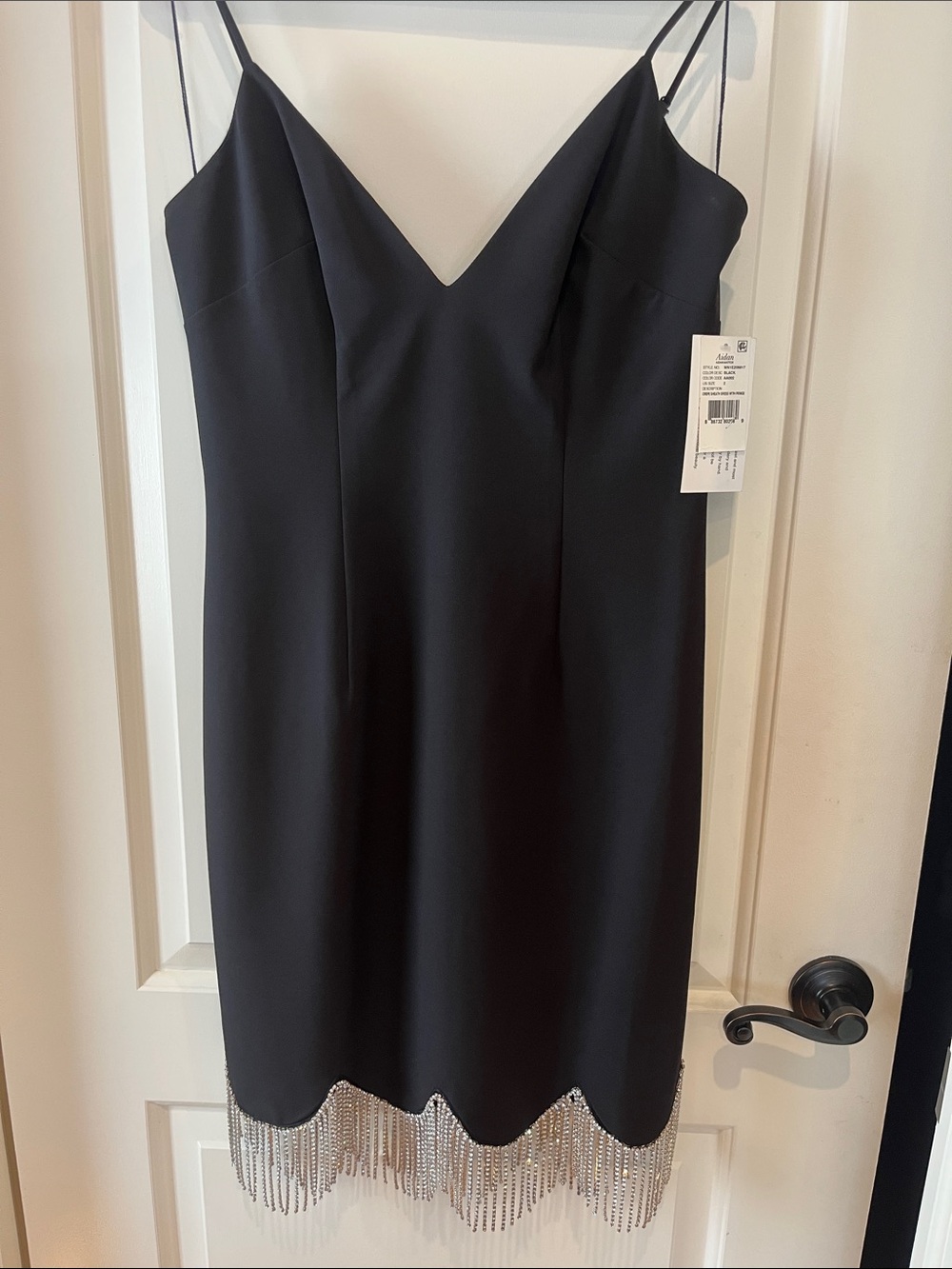 Aidan Mattox Black V-Neck Fringe Hem Mini Dress